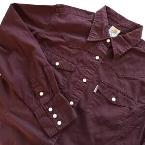 Carhartt Womens Maroon Pearl Snap Fitted Long Sleeve Top Rodeo Size Medium